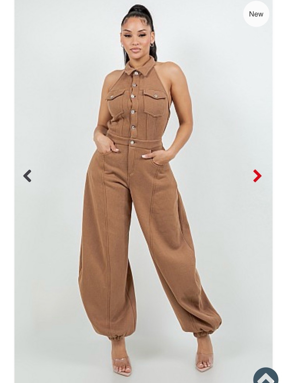 Kaylee Kollection: Halter Neck Button Down Wide Leg Jumpsuit- Gray, Medium, NEW